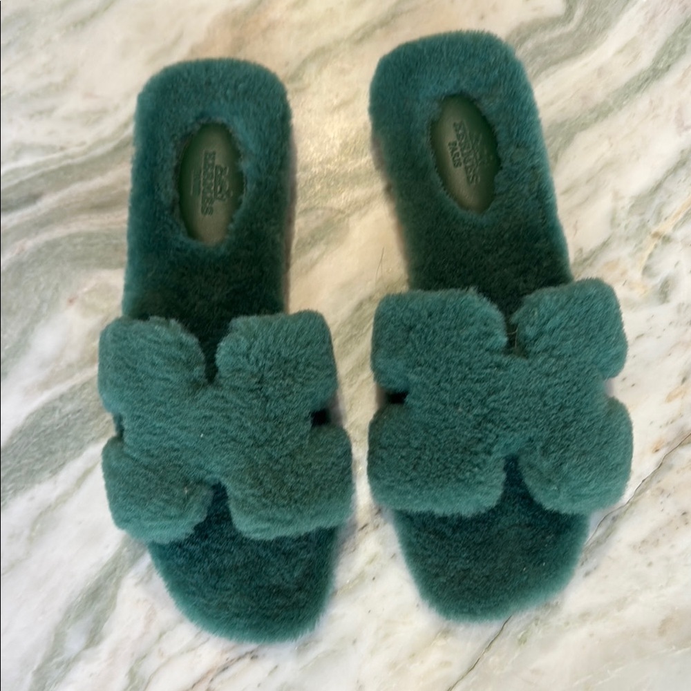 Hermes Green Fuzzy Slide Slippers